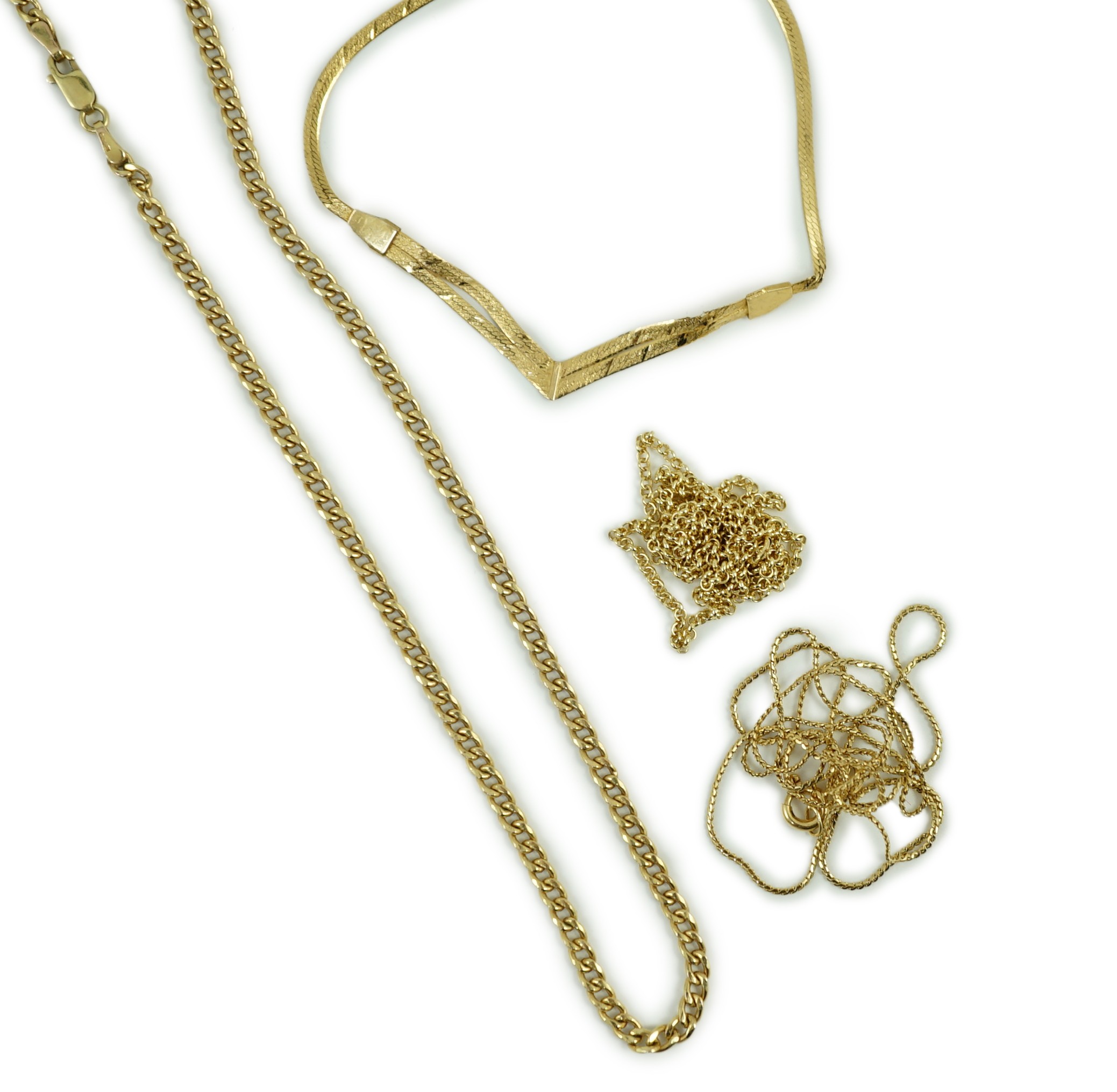 Two modern 9ct gold chains, longest 45cm, 6 grams, a 14kt bracelet, 1.6 grams and a 750 fine link chain, 2.3 grams.